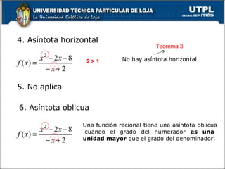 1 2 > 1 4. Asíntota horizontal  No hay asíntota horizontal Teorema 3 5. No aplica 6. Asíntota oblicua  Una función racional tiene una asíntota oblicua  cuando el grado del numerador  es una unidad mayor  que el grado del denominador. 1 