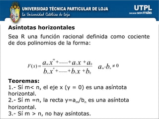 Asíntotas horizontales Sea R una función racional definida como cociente de dos polinomios de la forma: Teoremas: 1.- Sí m< n, el eje x (y = 0) es una asíntota  horizontal. 2.- Sí m =n, la recta y=a m /b n  es una asíntota horizontal. 3.- Sí m > n, no hay asíntotas. 