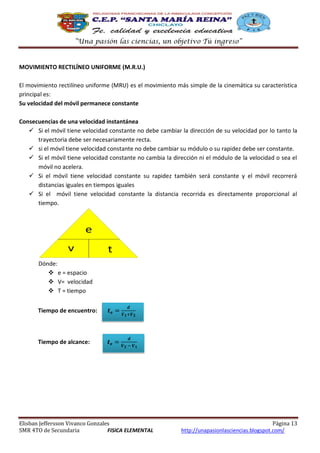 “Una pasión las ciencias, un objetivo Tú ingreso”

MOVIMIENTO RECTILÍNEO UNIFORME (M.R.U.)
El movimiento rectilíneo uniforme (MRU) es el movimiento más simple de la cinemática su característica
principal es:
Su velocidad del móvil permanece constante
Consecuencias de una velocidad instantánea
 Si el móvil tiene velocidad constante no debe cambiar la dirección de su velocidad por lo tanto la
trayectoria debe ser necesariamente recta.
 si el móvil tiene velocidad constante no debe cambiar su módulo o su rapidez debe ser constante.
 Si el móvil tiene velocidad constante no cambia la dirección ni el módulo de la velocidad o sea el
móvil no acelera.
 Si el móvil tiene velocidad constante su rapidez también será constante y el móvil recorrerá
distancias iguales en tiempos iguales
 Si el móvil tiene velocidad constante la distancia recorrida es directamente proporcional al
tiempo.

e
v

t

Dónde:
 e = espacio
 V= velocidad
 T = tiempo
Tiempo de encuentro:

Tiempo de alcance:

Elisban Jeffersson Vivanco Gonzales
SMR 4TO de Secundaria
FISICA ELEMENTAL

Página 13
http://unapasionlasciencias.blogspot.com/

 