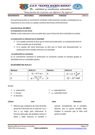 “Una pasión las ciencias, un objetivo Tú ingreso”
MOVIMIENTO

RECTILÍNEO

UNIFORMEMENTE

VARIADO

(MRUV)

Una partícula tendrá un movimiento rectilíneo uniformemente variado si al desplazarse su
trayectoria es una recta y su rapidez aumenta disminuye uniformemente.
Características del MRUV
La trayectoria es una recta:
Debido a esta trayectoria recta se puede decir que la dirección de la velocidad no cambia.
La aceleración es colineal con la velocidad
 Si la rapidez aumenta se dice que el móvil está acelerando. La a aceleración tiene el
mismo sentido que la velocidad.
 Si la rapidez del móvil disminuye se dice que el móvil está desacelerando. La
aceleración tiene sentido contrario a la velocidad
La aceleración es constante
es un movimiento rectilíneo la aceleración es constante cuando en tiempos iguales la
velocidad varia en cantidades iguales
ECUACIONES DEL M.R.U.V
Número

M.R.U.V

Número

1

3

2

M.R.U.V

4

Dónde :
 a : aceleración
 t : tiempo
 d: distancia
¿Cómo

 vf : velocidad final
 v0 : velocidad inicial

usar

 Observe que cualquiera de estas fórmulas
presenta 4 fórmulas de un total de 5 (a ;t
;d;vf y v0) luego para seleccionar la
formula adecuada, del problema extrae 3
datos y debe anotarse la variable a

Elisban Jeffersson Vivanco Gonzales
SMR 4TO de Secundaria
FISICA ELEMENTAL

estas

fórmulas?

calcualr completando las 4 variables,
observe que la quinta variable falta.
Emplear la ecuación que le falte está
quinta variable

Página 19
http://unapasionlasciencias.blogspot.com/

 