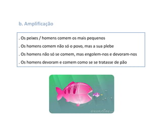 b. Amplificação
. Os peixes / homens comem os mais pequenos
. Os homens comem não só o povo, mas a sua plebe

. Os homens não só se comem, mas engolem-nos e devoram-nos
. Os homens devoram e comem como se se tratasse de pão

 