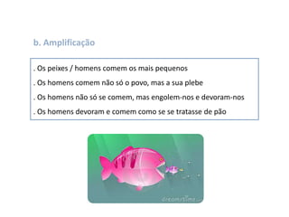 b. Amplificação
. Os peixes / homens comem os mais pequenos
. Os homens comem não só o povo, mas a sua plebe
. Os homens não só se comem, mas engolem-nos e devoram-nos
. Os homens devoram e comem como se se tratasse de pão
 