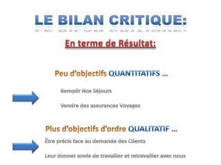 LE BILAN CRITIQUE:En terme de Résultat:Peu d’objectifs QUANTITATIFS …Remplir Nos SéjoursVendre des assurances VoyagesPlus d’objectifs d’ordre QUALITATIF …Être précis face au demande des ClientsLeur donner envie de travailler et retravailler avec nous
