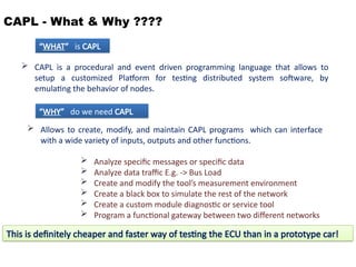 CAPL - What & Why ????
 CAPL is a procedural and event driven programming language that allows to
setup a customized Platform for testing distributed system software, by
emulating the behavior of nodes.
 Allows to create, modify, and maintain CAPL programs which can interface
with a wide variety of inputs, outputs and other functions.
 Analyze specific messages or specific data
 Analyze data traffic E.g. -> Bus Load
 Create and modify the tool’s measurement environment
 Create a black box to simulate the rest of the network
 Create a custom module diagnostic or service tool
 Program a functional gateway between two different networks
“WHAT” is CAPL
“WHY” do we need CAPL
This is definitely cheaper and faster way of testing the ECU than in a prototype car!
 
