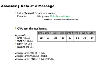 Accessing Data of a Message
 Using Signals if Database is present
• Example: int myvalue; // declare an integer
myvalue = messagename.signalname;
CAPL uses the Intel format
Keywords:
 BYTE (8 bits)
 WORD (16 bits)
 LONG (32 bits)
 DWORD (32 bits)
Messagename.BYTE(0) 0x6E
Messagename.WORD(0)0x16E
Messagename.LONG(4)0x23C9B57A
 