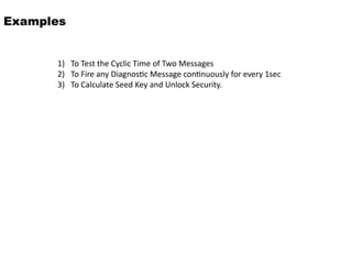 Examples
1) To Test the Cyclic Time of Two Messages
2) To Fire any Diagnostic Message continuously for every 1sec
3) To Calculate Seed Key and Unlock Security.
 