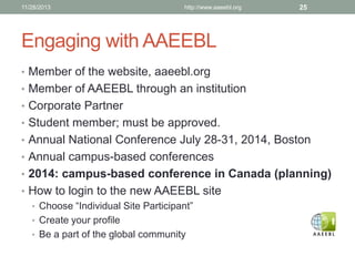 11/28/2013

http://www.aaeebl.org

25

Engaging with AAEEBL
• Member of the website, aaeebl.org
• Member of AAEEBL through an institution
• Corporate Partner
• Student member; must be approved.
• Annual National Conference July 28-31, 2014, Boston
• Annual campus-based conferences
• 2014: campus-based conference in Canada (planning)
• How to login to the new AAEEBL site
• Choose “Individual Site Participant”
• Create your profile
• Be a part of the global community

 