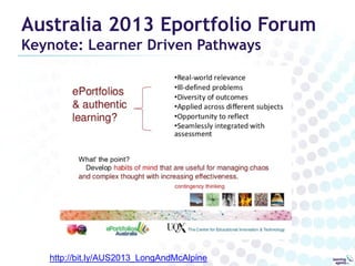 Australia 2013 Eportfolio Forum
Keynote: Learner Driven Pathways

http://bit.ly/AUS2013_LongAndMcAlpine

 