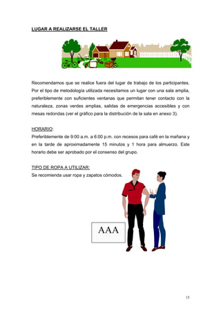 LUGAR A REALIZARSE EL TALLER




Recomendamos que se realice fuera del lugar de trabajo de los participantes.
Por el tipo de metodología utilizada necesitamos un lugar con una sala amplia,
preferiblemente con suficientes ventanas que permitan tener contacto con la
naturaleza, zonas verdes amplias, salidas de emergencias accesibles y con
mesas redondas (ver el gráfico para la distribución de la sala en anexo 3).


HORARIO:
Preferiblemente de 9:00 a.m. a 6:00 p.m. con recesos para café en la mañana y
en la tarde de aproximadamente 15 minutos y 1 hora para almuerzo. Este
horario debe ser aprobado por el consenso del grupo.


TIPO DE ROPA A UTILIZAR:
Se recomienda usar ropa y zapatos cómodos.




                                  AAA




                                                                              15
 