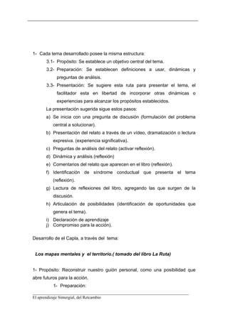 1- Cada tema desarrollado posee la misma estructura:
      3.1- Propósito: Se establece un objetivo central del tema.
      3.2- Preparación: Se establecen definiciones a usar, dinámicas y
            preguntas de análisis.
      3.3- Presentación: Se sugiere esta ruta para presentar el tema, el
            facilitador esta en libertad de incorporar otras dinámicas o
            experiencias para alcanzar los propósitos establecidos.
      La presentación sugerida sigue estos pasos:
      a) Se inicia con una pregunta de discusión (formulación del problema
          central a solucionar).
      b) Presentación del relato a través de un vídeo, dramatización o lectura
          expresiva. (experiencia significativa).
      c) Preguntas de análisis del relato (activar reflexión).
      d) Dinámica y análisis (reflexión)
      e) Comentarios del relato que aparecen en el libro (reflexión).
      f) Identificación de síndrome conductual que presenta el tema
          (reflexión).
      g) Lectura de reflexiones del libro, agregando las que surgen de la
          discusión.
      h) Articulación de posibilidades (identificación de oportunidades que
          genera el tema).
      i) Declaración de aprendizaje
      j) Compromiso para la acción).

Desarrollo de el Capla, a través del tema:


 Los mapas mentales y el territorio.( tomado del libro La Ruta)


1- Propósito: Reconstruir nuestro guión personal, como una posibilidad que
abre futuros para la acción.
          1- Preparación:
__________________________________________________________________________
El aprendizaje Sintergial, del Retcambio
 