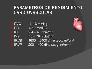 PARAMETROS DE RENDIMIENTO  CARDIOVASCULAR PVC  1 – 6 mmHg PC  6-12 mmHG IC  2.4 – 4 L/min/m 2 IVS  40 – 70 ml/lat/m 2 IRVS  1600 – 2400 dinas.seg. m 2 /cm 5 IRVP  200 – 400 dinas.seg. m 2 /cm 5 