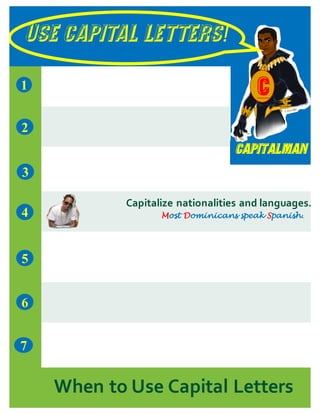 USE CAPITAL LETTERS!
Capitalman
7
1
5
3
2
4
6
When to Use Capital Letters
C
Capitalize nationalities and languages.
Most Dominicans speak Spanish.
 