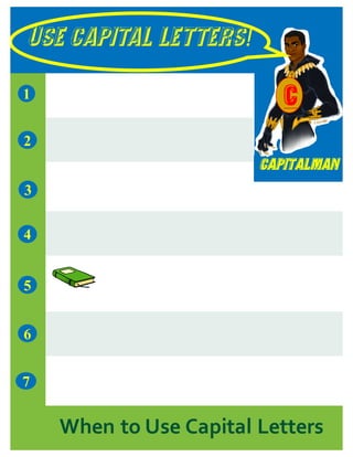 USE CAPITAL LETTERS!
Capitalman
7
1
5
3
2
4
6
When to Use Capital Letters
C
 
