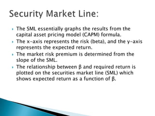    The SML essentially graphs the results from the
    capital asset pricing model (CAPM) formula.
   The x-axis represents the risk (beta), and the y-axis
    represents the expected return.
   The market risk premium is determined from the
    slope of the SML.
   The relationship between β and required return is
    plotted on the securities market line (SML) which
    shows expected return as a function of β.
 