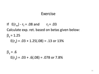 10
Exercise
If E(rm) - rf = .08 and rf = .03
Calculate exp. ret. based on betas given below:
bx = 1.25
E(rx) = .03 + 1.25(.08) = .13 or 13%
by = .6
E(ry) = .03 + .6(.08) = .078 or 7.8%
 