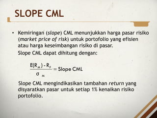 SLOPE CML
• Kemiringan (slope) CML menunjukkan harga pasar risiko
(market price of risk) untuk portofolio yang efisien
atau harga keseimbangan risiko di pasar.
Slope CML dapat dihitung dengan:
Slope CML mengindikasikan tambahan return yang
disyaratkan pasar untuk setiap 1% kenaikan risiko
portofolio.
CML
Slope
σ
R
-
)
E(R
M
F
M
=
 