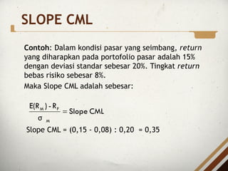 Contoh: Dalam kondisi pasar yang seimbang, return
yang diharapkan pada portofolio pasar adalah 15%
dengan deviasi standar sebesar 20%. Tingkat return
bebas risiko sebesar 8%.
Maka Slope CML adalah sebesar:
Slope CML = (0,15 - 0,08) : 0,20 = 0,35
CML
Slope
σ
R
-
)
E(R
M
F
M
=
SLOPE CML
 