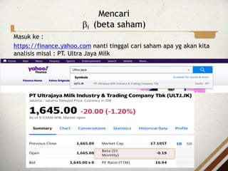 Mencari
bi (beta saham)
Masuk ke :
https://finance.yahoo.com nanti tinggal cari saham apa yg akan kita
analisis misal : PT. Ultra Jaya Milk
 