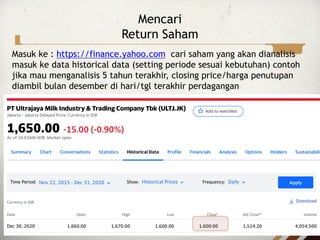Mencari
Return Saham
Masuk ke : https://finance.yahoo.com cari saham yang akan dianalisis
masuk ke data historical data (setting periode sesuai kebutuhan) contoh
jika mau menganalisis 5 tahun terakhir, closing price/harga penutupan
diambil bulan desember di hari/tgl terakhir perdagangan
 