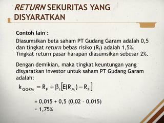 Contoh lain :
Diasumsikan beta saham PT Gudang Garam adalah 0,5
dan tingkat return bebas risiko (Rf) adalah 1,5%.
Tingkat return pasar harapan diasumsikan sebesar 2%.
Dengan demikian, maka tingkat keuntungan yang
disyaratkan investor untuk saham PT Gudang Garam
adalah:
= 0,015 + 0,5 (0,02 – 0,015)
= 1,75%
[ ]
F
M
i
F
GGRM R
)
E(R
R
k -
+
= β
RETURN SEKURITAS YANG
DISYARATKAN
 