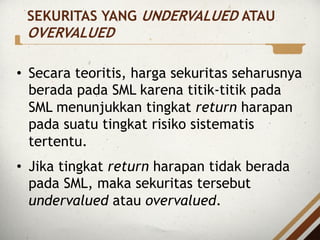 • Secara teoritis, harga sekuritas seharusnya
berada pada SML karena titik-titik pada
SML menunjukkan tingkat return harapan
pada suatu tingkat risiko sistematis
tertentu.
• Jika tingkat return harapan tidak berada
pada SML, maka sekuritas tersebut
undervalued atau overvalued.
SEKURITAS YANG UNDERVALUED ATAU
OVERVALUED
 