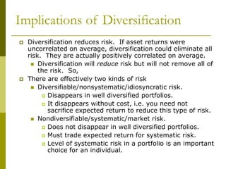 Implications of Diversification
 Diversification reduces risk. If asset returns were
uncorrelated on average, diversifica...