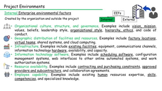 Project Environments
Internal Enterprise environmental factors EEFs
External
Internal
Created by the organization and outside the project
• Organizational culture, structure, and governance. Examples include vision, mission,
values, beliefs, leadership style, organizational style, hierarchy, ethics, and code of
conduct.
• Geographic distribution of facilities and resources. Examples include factory locations,
virtual teams, shared systems, and cloud computing.
• Infrastructure. Examples include existing facilities, equipment, communications channels,
information technology hardware, availability, and capacity.
• Information technology software. Examples include scheduling software, configuration
management systems, web interfaces to other online automated systems, and work
authorization systems.
• Resource availability. Examples include contracting and purchasing constraints, approved
providers and subcontractors, and collaboration agreements.
• Employee capability. Examples include existing human resources expertise, skills,
competencies, and specialized knowledge.
 