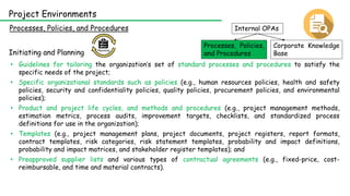 Internal OPAs
Corporate Knowledge
Base
Processes, Policies,
and Procedures
Processes, Policies, and Procedures
Project Environments
Initiating and Planning
• Guidelines for tailoring the organization’s set of standard processes and procedures to satisfy the
specific needs of the project;
• Specific organizational standards such as policies (e.g., human resources policies, health and safety
policies, security and confidentiality policies, quality policies, procurement policies, and environmental
policies);
• Product and project life cycles, and methods and procedures (e.g., project management methods,
estimation metrics, process audits, improvement targets, checklists, and standardized process
definitions for use in the organization);
• Templates (e.g., project management plans, project documents, project registers, report formats,
contract templates, risk categories, risk statement templates, probability and impact definitions,
probability and impact matrices, and stakeholder register templates); and
• Preapproved supplier lists and various types of contractual agreements (e.g., fixed-price, cost-
reimbursable, and time and material contracts).
 