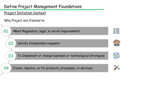 Define Project Management Foundations
Project Initiation Context
Why Project are Created to
•Meet Regulatory, legal, or social requirements
Satisfy Stakeholder requests
To Implement or change business or technological strategies
Create, improve, or fix products, processes, or services
01
02
03
04
 