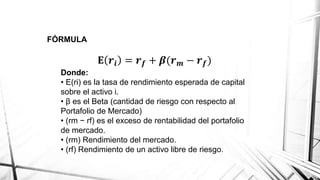 FÓRMULA
𝐄 𝒓𝒊 = 𝒓 𝒇 + 𝜷(𝒓 𝒎 − 𝒓 𝒇)
Donde:
• E(ri) es la tasa de rendimiento esperada de capital
sobre el activo i.
• β es el Beta (cantidad de riesgo con respecto al
Portafolio de Mercado)
• (rm − rf) es el exceso de rentabilidad del portafolio
de mercado.
• (rm) Rendimiento del mercado.
• (rf) Rendimiento de un activo libre de riesgo.
 