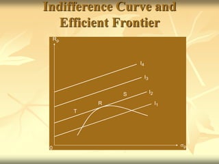 Indifference Curve and
Efficient Frontier
T
R
S
I4
I3
I2
I1
Rp
p
0
 