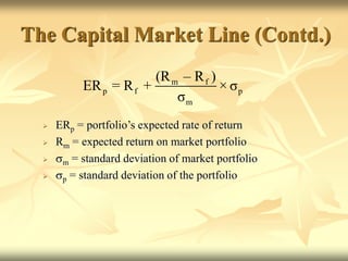  ERp = portfolio’s expected rate of return
 Rm = expected return on market portfolio
 m = standard deviation of market portfolio
 p = standard deviation of the portfolio
m f
p f p
m
(R – R )
ER = R + × σ
σ
The Capital Market Line (Contd.)
 
