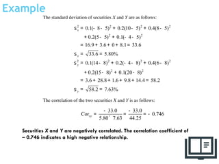 Example
The standard deviation of securities X and Y are as follows:
2 2 2 2
2 2
2 2 2 2
2 2
0.1( 8 5) 0.2(10 5) 0.4(8 5)
0.2(5 5) 0.1( 4 5)
16.9 3.6 0 8.1 33.6
33.6 5.80%
0.1(14 8) 0.2( 4 8) 0.4(6 8)
0.2(15 8) 0.1(20 8)
3.6 28.8 1.6 9.8 14.4 58.2
58.2 7.63%
x
x
y
y
s = - - + - + -
+ - + - -
= + + + =
s = =
s = - + - - + -
+ - + -
= + + + + =
s = =
The correlation of the two securities X and Y is as follows:
33.0 33.0
Cor 0.746
5.80 7.63 44.25
xy
- -
= = = -
´
9
Securities X and Y are negatively correlated. The correlation coefficient of
– 0.746 indicates a high negative relationship.
 
