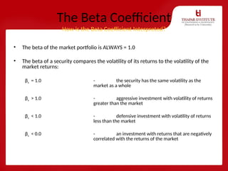 The Beta Coefficient
How is the Beta Coefficient Interpreted?
• The beta of the market portfolio is ALWAYS = 1.0
• The beta of a security compares the volatility of its returns to the volatility of the
market returns:
βs = 1.0 - the security has the same volatility as the
market as a whole
βs > 1.0 - aggressive investment with volatility of returns
greater than the market
βs < 1.0 - defensive investment with volatility of returns
less than the market
βs < 0.0 - an investment with returns that are negatively
correlated with the returns of the market
 