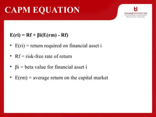 CAPM EQUATION
E(ri) = Rf + βi(E(rm) - Rf)
• E(ri) = return required on financial asset i
• Rf = risk-free rate of return
• βi = beta value for financial asset i
• E(rm) = average return on the capital market
 