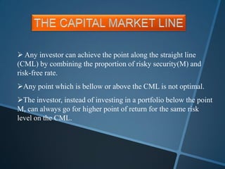  Any investor can achieve the point along the straight line
(CML) by combining the proportion of risky security(M) and
risk-free rate.
Any point which is bellow or above the CML is not optimal.
The investor, instead of investing in a portfolio below the point
M, can always go for higher point of return for the same risk
level on the CML.
 