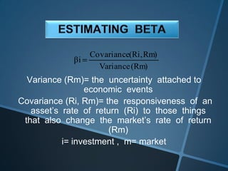 Variance (Rm)= the uncertainty attached to
economic events
Covariance (Ri, Rm)= the responsiveness of an
asset’s rate of return (Ri) to those things
that also change the market’s rate of return
(Rm)
i= investment , m= market
(Rm)Variance
Rm)(Ri,Covariance
βi
 