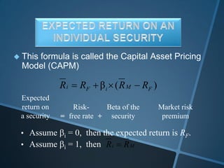  This formula is called the Capital Asset Pricing
Model (CAPM)
)(β FMiFi RRRR
• Assume i = 0, then the expected return is RF.
• Assume i = 1, then Mi RR
Expected
return on
a security =
Risk-
free rate +
Beta of the
security
Market risk
premium
 