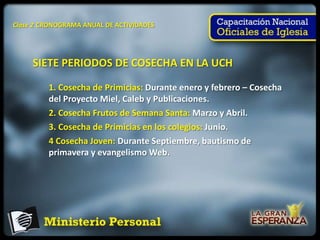Clase 2 CRONOGRAMA ANUAL DE ACTIVIDADES




     SIETE PERIODOS DE COSECHA EN LA UCH

         1. Cosecha de Primicias: Durante enero y febrero – Cosecha
         del Proyecto Miel, Caleb y Publicaciones.
         2. Cosecha Frutos de Semana Santa: Marzo y Abril.
         3. Cosecha de Primicias en los colegios: Junio.
         4 Cosecha Joven: Durante Septiembre, bautismo de
         primavera y evangelismo Web.
 