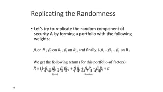 44
Replicating the Randomness
• Let’s try to replicate the random component of
security A by forming a portfolio with the following
weights:
1 1 2 2 3 3 1 2 3 f
1 2 3 f 1 1 2 2 3 3
Fixed Random
on , on , on , and finally 1- on R
We get the following return (for this portfolio of factors):
(1- )R
R R R
R R R R
     
      
 
      
1 4 44 2 4 4 43 1 4 44 2 4 4 43
 