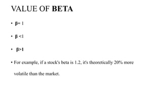 VALUE OF BETA
• β= 1
• β <1
• β>1
• For example, if a stock's beta is 1.2, it's theoretically 20% more
volatile than the market.
 