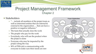  Stakeholders
 “… include all members of the project team as
well as interested entities that are internal &
external to the organization…. that can have a
positive or negative influence.”
 The team that actually does the work
 The people who pay for the work
 Everybody who will use the product when
the project is done
 Everyone who may be impacted by the
project along the way
 90% of PM’s job is communicating with
everyone to make sure their needs are met
Project Management Framework
Chapter 2
 