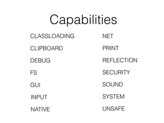 Capabilities
CLASSLOADING
CLIPBOARD
DEBUG
FS
GUI
NATIVE
NET
PRINT
REFLECTION
SECURITY
SOUND
SYSTEM
UNSAFE
INPUT
 