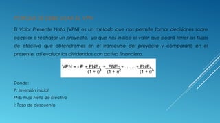 PORQUE SE DEBE USAR EL VPN
El Valor Presente Neto (VPN) es un método que nos permite tomar decisiones sobre
aceptar o rechazar un proyecto, ya que nos indica el valor que podrá tener los flujos
de efectivo que obtendremos en el transcurso del proyecto y compararlo en el
presente, así evaluar los dividendos con activo financiero.
Donde:
P: Inversión inicial
FNE: Flujo Neto de Efectivo
i: Tasa de descuento
 