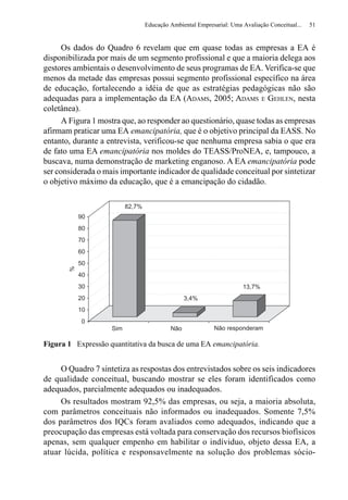 Educação Ambiental Empresarial: Uma Avaliação Conceitual...   51


      Os dados do Quadro 6 revelam que em quase todas as empresas a EA é
disponibilizada por mais de um segmento profissional e que a maioria delega aos
gestores ambientais o desenvolvimento de seus programas de EA. Verifica-se que
menos da metade das empresas possui segmento profissional específico na área
de educação, fortalecendo a idéia de que as estratégias pedagógicas não são
adequadas para a implementação da EA (ADAMS, 2005; ADAMS E GEHLEN, nesta
coletânea).
      A Figura 1 mostra que, ao responder ao questionário, quase todas as empresas
afirmam praticar uma EA emancipatória, que é o objetivo principal da EASS. No
entanto, durante a entrevista, verificou-se que nenhuma empresa sabia o que era
de fato uma EA emancipatória nos moldes do TEASS/ProNEA, e, tampouco, a
buscava, numa demonstração de marketing enganoso. A EA emancipatória pode
ser considerada o mais importante indicador de qualidade conceitual por sintetizar
o objetivo máximo da educação, que é a emancipação do cidadão.

                          82,7%
           90
           80
           70
           60
           50
       %




           40
           30                                                         13,7%
           20                                    3,4%
           10
           0
                    Sim                    Não              Não responderam

Figura 1 Expressão quantitativa da busca de uma EA emancipatória.


     O Quadro 7 sintetiza as respostas dos entrevistados sobre os seis indicadores
de qualidade conceitual, buscando mostrar se eles foram identificados como
adequados, parcialmente adequados ou inadequados.
     Os resultados mostram 92,5% das empresas, ou seja, a maioria absoluta,
com parâmetros conceituais não informados ou inadequados. Somente 7,5%
dos parâmetros dos IQCs foram avaliados como adequados, indicando que a
preocupação das empresas está voltada para conservação dos recursos biofísicos
apenas, sem qualquer empenho em habilitar o indíviduo, objeto dessa EA, a
atuar lúcida, política e responsavelmente na solução dos problemas sócio-
 