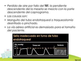 • Perdida de aire por fallo del TET, la pendiente
  descendente del la meseta se mezcla con la parte
  descendente del capnograma.
• Las causas son:
• Manguito del tubo endotraqueal o traqueostomía
  desinflado o pinchado.
• La vía aérea artificial es demasiado para el tamaño
  del paciente.
 