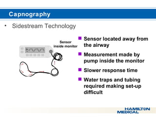  Capnography 
• Sidestream Technology 
 Sensor located away from 
the airway 
 Measurement made by 
pump inside the monitor 
 Slower response time 
 Water traps and tubing 
required making set-up 
difficult 
Sensor 
inside monitor E T C O 2 
R R 
 