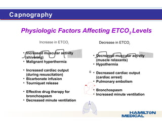  Caapnogrraaphyy 
Physiologic Factors Affecting ETCO2 Levels 
Increase in ETCO2 Decrease in ETCO2 
• Increased muscular activity 
(shivering) 
• Malignant hyperthermia 
• Increased cardiac output 
(during resuscitation) 
• Bicarbonate infusion 
• Tourniquet release 
• Effective drug therapy for 
bronchospasm 
• Decreased minute ventilation 
• Decreased muscular activity 
(muscle relaxants) 
• Hypothermia 
• Decreased cardiac output 
(cardiac arrest) 
• Pulmonary embolism 
• Bronchospasm 
• Increased minute ventilation 
 