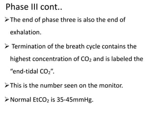 Phase III cont..
The end of phase three is also the end of
exhalation.
 Termination of the breath cycle contains the
highest concentration of CO2 and is labeled the
“end-tidal CO2”.
This is the number seen on the monitor.
Normal EtCO2 is 35-45mmHg.
 