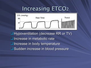 Increasing ETCO
Increasing ETCO2
2
‰
‰Hypoventilation (decrease RR or TV)
Hypoventilation (decrease RR or TV)
‰
‰Increase in metabolic rate
Increase in metabolic rate
‰
‰Increase in body temperature
Increase in body temperature
‰
‰Sudden increase in blood pressure
Sudden increase in blood pressure
 